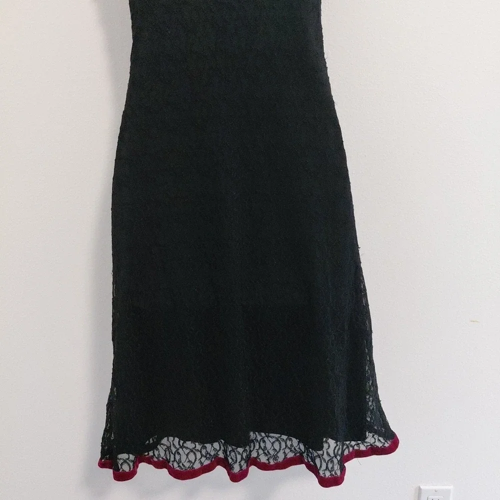 VTG Betsey Johnson Slip Dress Black Lace Rose Ditsy Neckline Velvet Trim Large - Picture 7 of 16